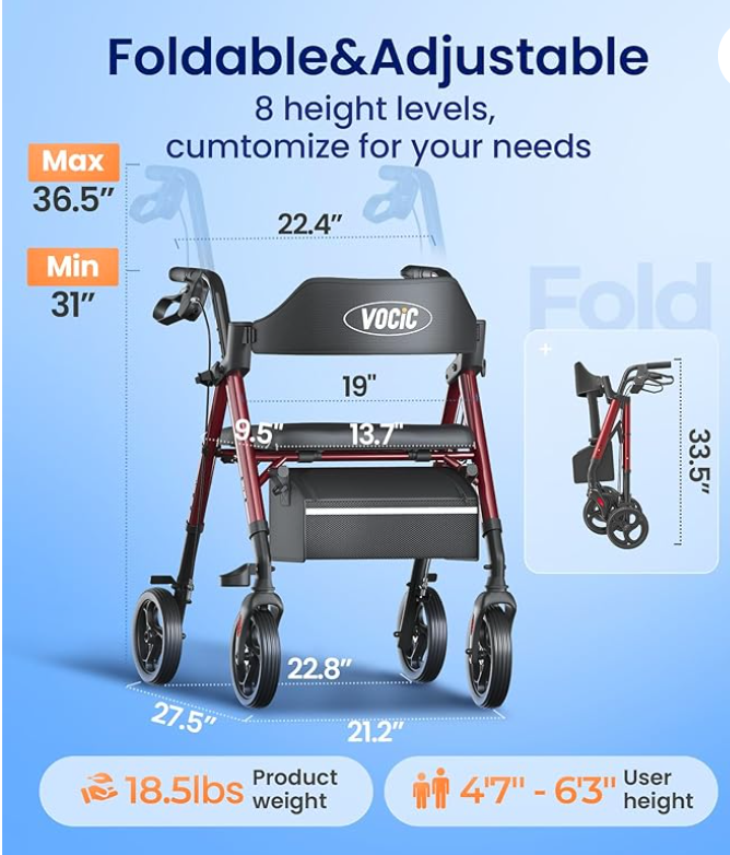 VOCIC Walkers for Seniors, Z21 Rollator Walker with Seat Supports 350lb, 8" Big Wheels for All Terrain, Ergonomic Arc Seat & 6" Ultra Backrest Foldable Walker, Dual Height Adjustment, Lightweight - Image 2