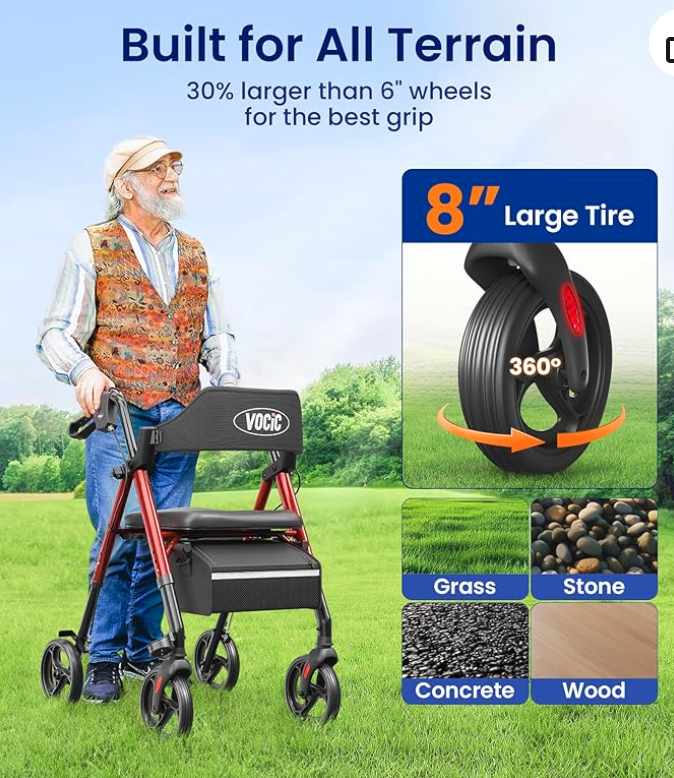 VOCIC Walkers for Seniors, Z21 Rollator Walker with Seat Supports 350lb, 8" Big Wheels for All Terrain, Ergonomic Arc Seat & 6" Ultra Backrest Foldable Walker, Dual Height Adjustment, Lightweight - Image 4